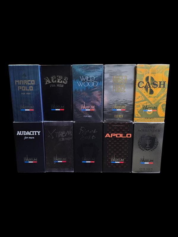 LOT DE 10 PARFUMS DE FRANCE BY PARIS ELYSEE 75ML POUR HOMME, marco polo,acces,will wood,amber force,cash,audacity,dragoon,black legend,apolo,never surender.