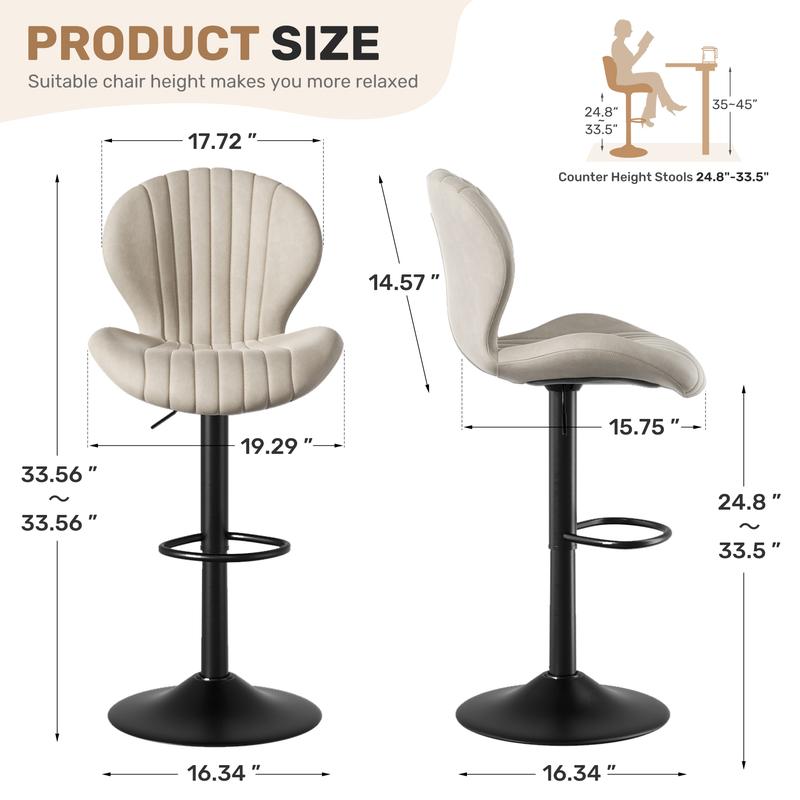 Lot de 2 tabourets de bar modernes pivotants, tabouret à dossier haut, montage facile en 3 à 5 minutes pour bar, cuisine, salle à manger, beige — vignette 7