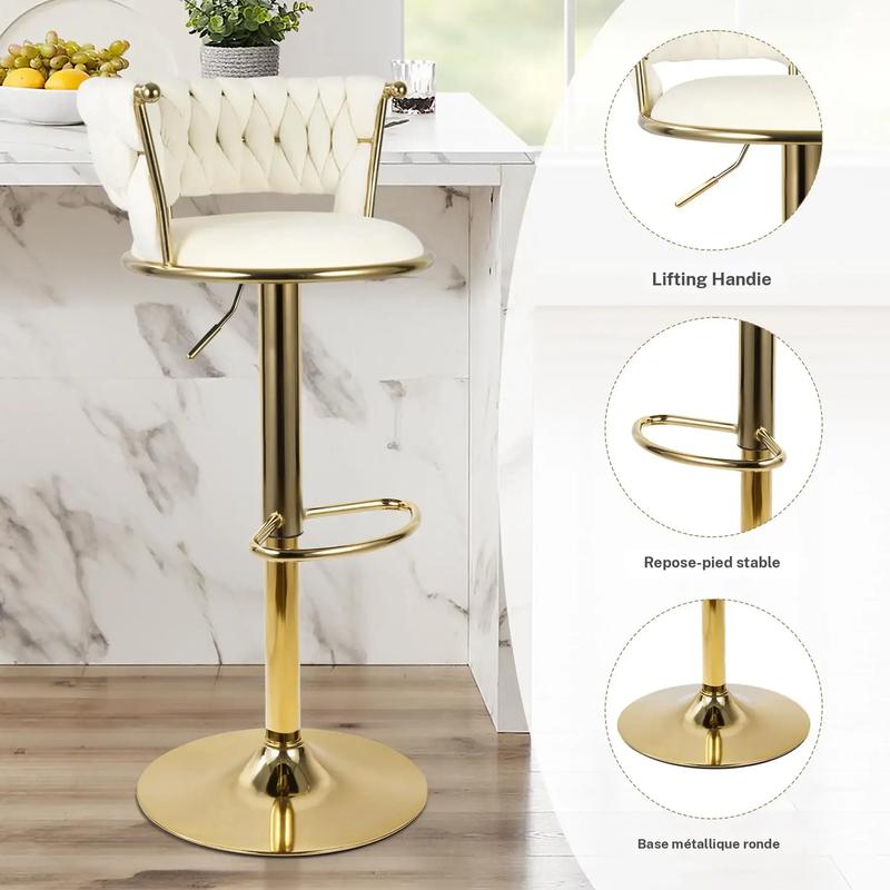 Lot de 2 tabourets en velours, chaises pivotantes rembourrées au design moderne avec hauteur réglable et dossier bas, pieds dorés à 360°, tabourets pour îlot de cuisine, bar ou pub — vignette 2