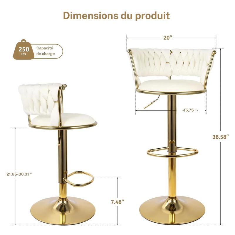 Lot de 2 tabourets en velours, chaises pivotantes rembourrées au design moderne avec hauteur réglable et dossier bas, pieds dorés à 360°, tabourets pour îlot de cuisine, bar ou pub — vignette 3