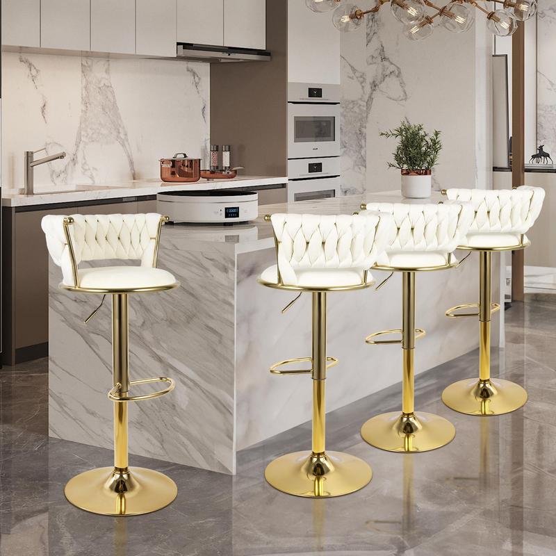 Lot de 2 tabourets en velours, chaises pivotantes rembourrées au design moderne avec hauteur réglable et dossier bas, pieds dorés à 360°, tabourets pour îlot de cuisine, bar ou pub — vignette 4