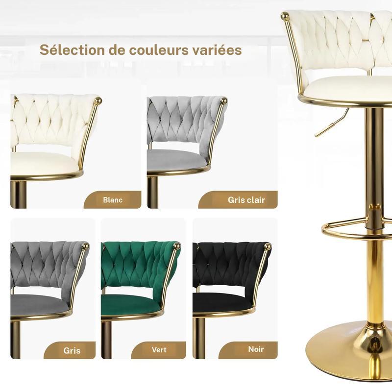 Lot de 2 tabourets en velours, chaises pivotantes rembourrées au design moderne avec hauteur réglable et dossier bas, pieds dorés à 360°, tabourets pour îlot de cuisine, bar ou pub — vignette 6