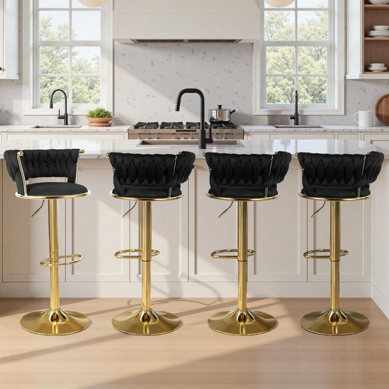 Lot de 2 tabourets en velours, chaises pivotantes rembourrées au design moderne avec hauteur réglable et dossier bas, pieds dorés à 360°, tabourets pour îlot de cuisine, bar ou pub — vignette 7