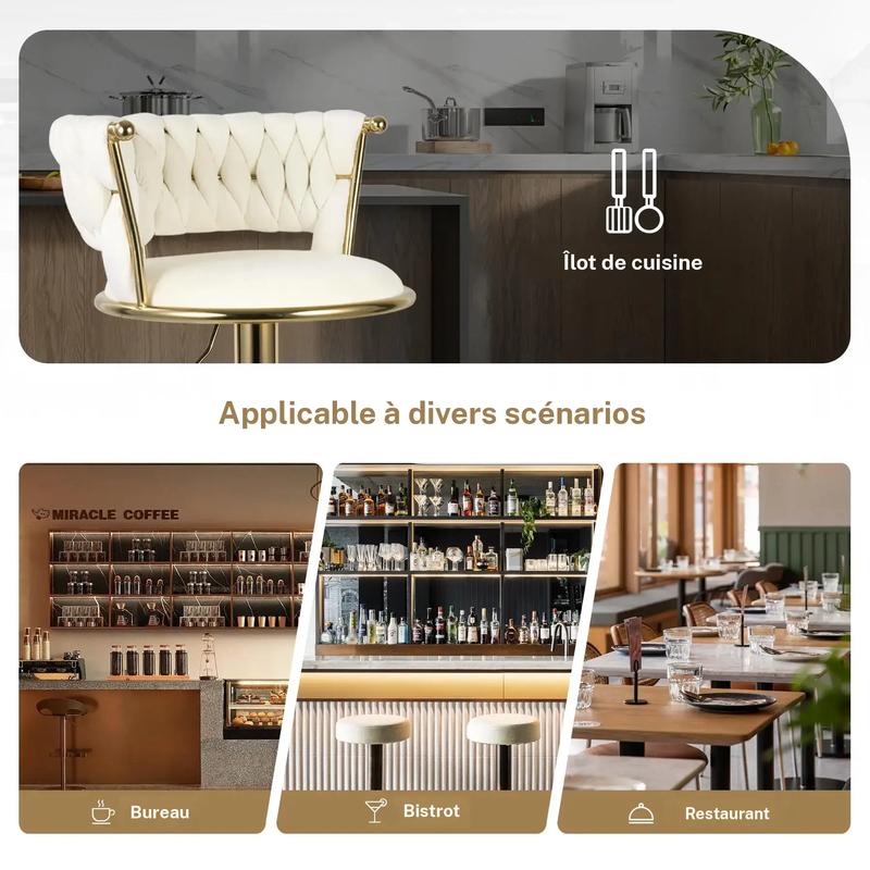 Lot de 2 tabourets en velours, chaises pivotantes rembourrées au design moderne avec hauteur réglable et dossier bas, pieds dorés à 360°, tabourets pour îlot de cuisine, bar ou pub — vignette 8