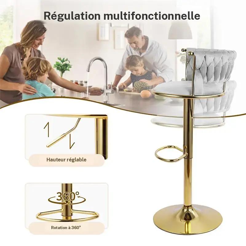 Lot de 2 tabourets en velours, chaises pivotantes rembourrées au design moderne avec hauteur réglable et dossier bas, pieds dorés à 360°, tabourets pour îlot de cuisine, bar ou pub — vignette 9