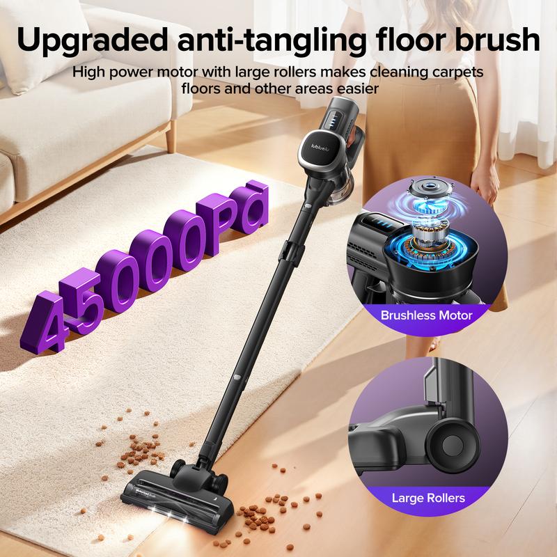 Lubluelu Aspirateur balai sans fil 500 W / 45 000 Pa, jusqu’à 50 min d’autonomie, écran LED intelligent, design autoportant et pliable, brosse anti-emmêlement pour tapis, sols durs et poils d’animaux — vignette 2