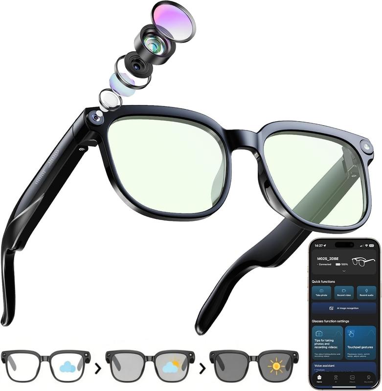 Lunettes caméra IA intelligentes, vidéo HD 1080P, verres photochromiques, grand angle anti-vibration, enregistrement POV, assistant vocal IA, audio oreilles libres, lecture musique, sport et voyage