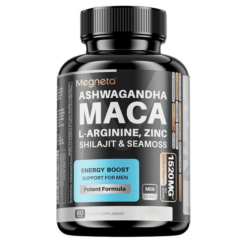 Maca Noire + Shilajit + Ashwagandha + Zinc | Énergie, Vitalité et Concentration | Avec L-Arginine et Sea Moss | 60 Gélules