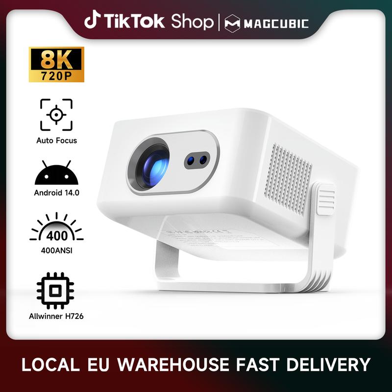 Magcubic Autofocus HY300MAX Projecteur 8K décodage HD 400ANSI Android 14 Allwinner H726 Rapport de projection 0,8 : 1 double WiFi6 BT5,4 clé de voûte automatique HDR/ HDR10+/ HLG haut parleur intégré Portable Mini home cinéma