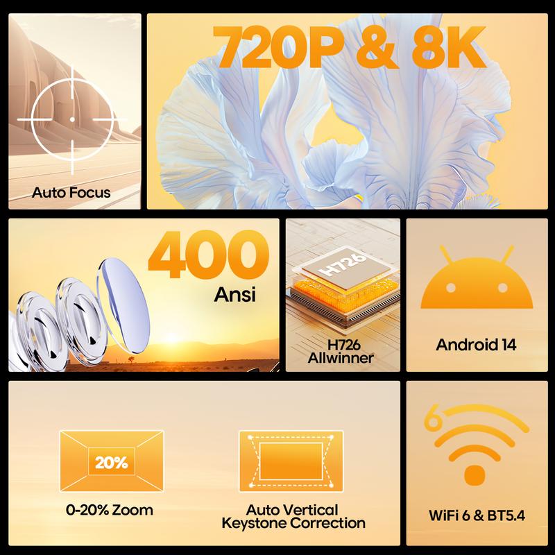Magcubic Autofocus HY300MAX Projecteur 8K décodage HD 400ANSI Android 14 Allwinner H726 Rapport de projection 0,8 : 1 double WiFi6 BT5,4 clé de voûte automatique HDR/ HDR10+/ HLG haut parleur intégré Portable Mini home cinéma — vignette 2