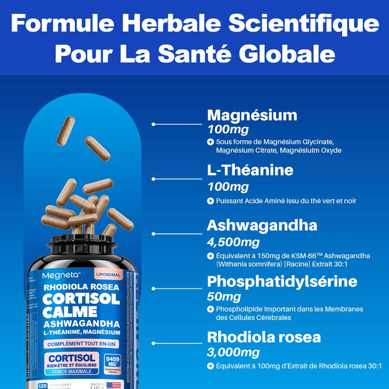 Megneta Ashwagandha KSM-66, Rhodiola & L-Théanine – Régulation du cortisol. Formule Liposomale pour Stress et Bien-être – 120 Gélules — vignette 3
