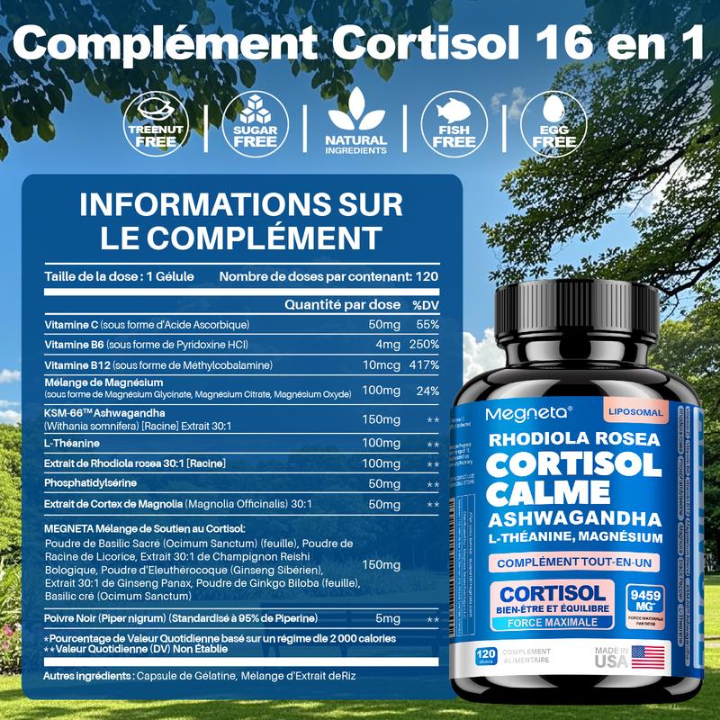 Megneta Ashwagandha KSM-66, Rhodiola & L-Théanine – Régulation du cortisol. Formule Liposomale pour Stress et Bien-être – 120 Gélules — vignette 4