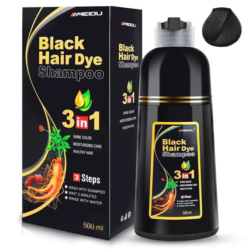 MEIDU Shampoo Colorant 3 en 1 pour Cheveux Noirs, Finition capillaire uniforme et naturelle, Formule enrichie d’ingrédients doux, Adapté pour homme et femme, Facile à Utiliser, Couleur Longue Durée, Résultat de Salon