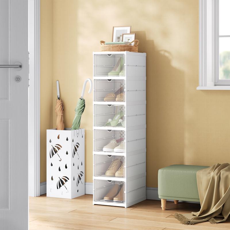 Meuble à chaussures, avec 6/12 boîtes à chaussures pliables et transportables, organisateur de chaussures, carton de rangement pour chaussures jusqu’à la pointure 44, montage en 1 minute, blanc & transparent