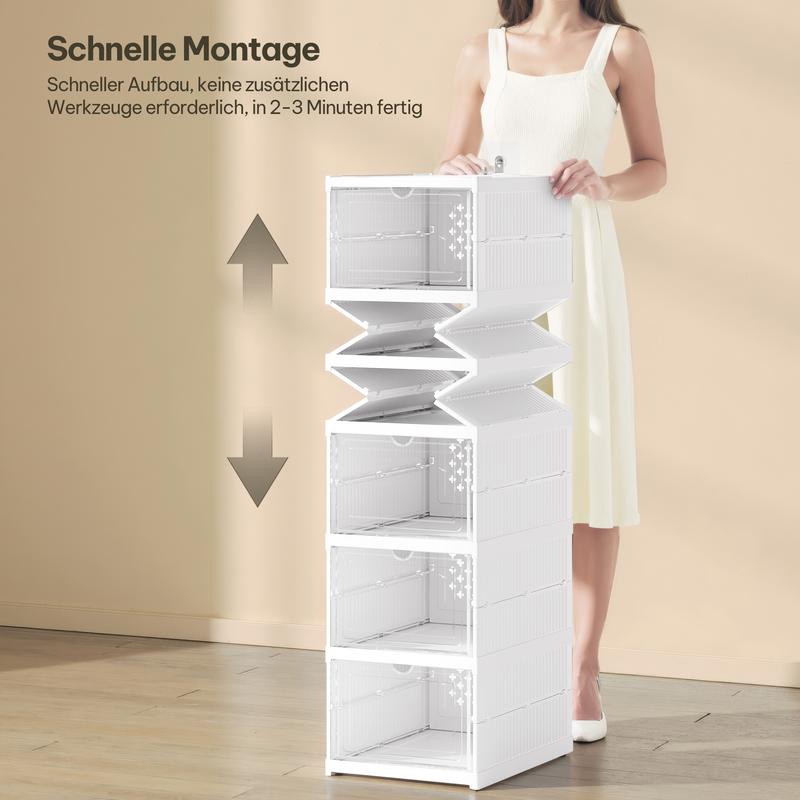 Meuble à chaussures, avec 6/12 boîtes à chaussures pliables et transportables, organisateur de chaussures, carton de rangement pour chaussures jusqu’à la pointure 44, montage en 1 minute, blanc & transparent — vignette 2