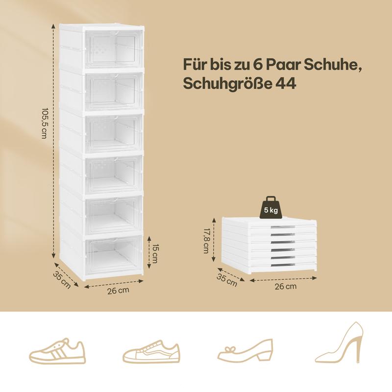 Meuble à chaussures, avec 6/12 boîtes à chaussures pliables et transportables, organisateur de chaussures, carton de rangement pour chaussures jusqu’à la pointure 44, montage en 1 minute, blanc & transparent — vignette 3