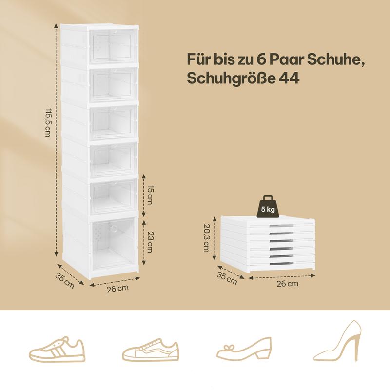 Meuble à chaussures, avec 6/12 boîtes à chaussures pliables et transportables, organisateur de chaussures, carton de rangement pour chaussures jusqu’à la pointure 44, montage en 1 minute, blanc & transparent — vignette 4