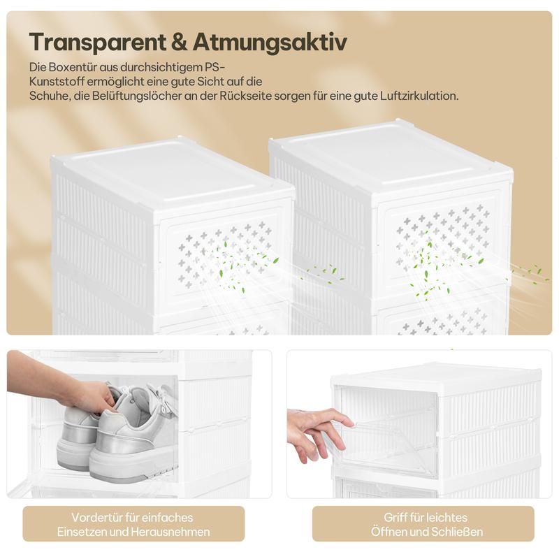 Meuble à chaussures, avec 6/12 boîtes à chaussures pliables et transportables, organisateur de chaussures, carton de rangement pour chaussures jusqu’à la pointure 44, montage en 1 minute, blanc & transparent — vignette 7