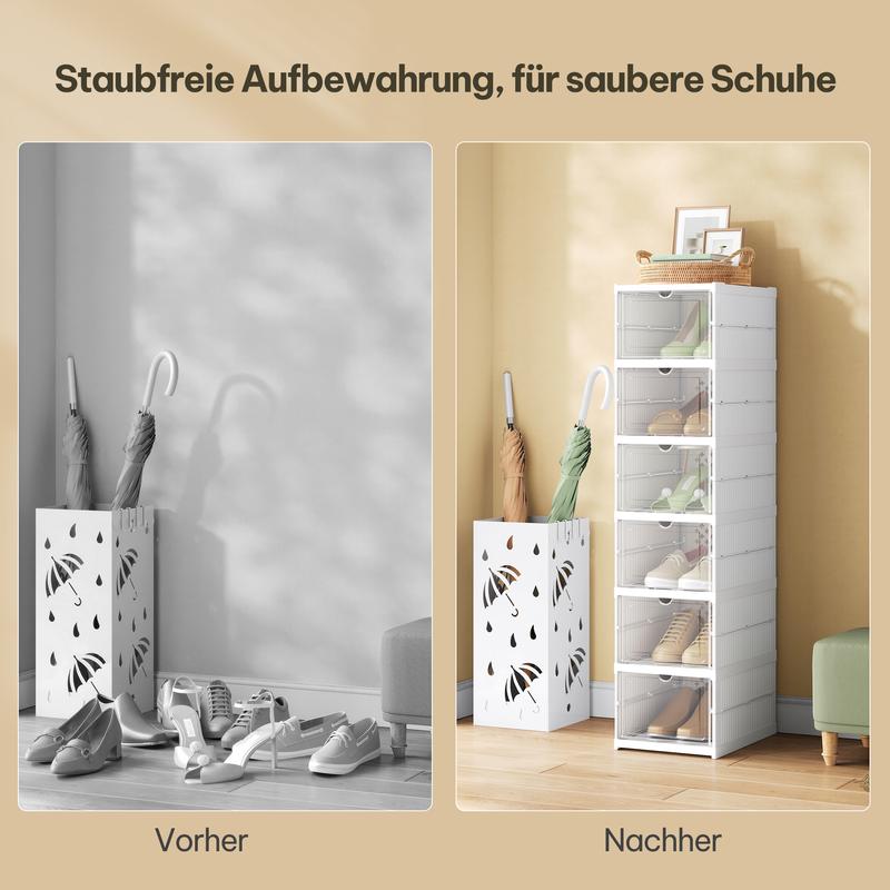 Meuble à chaussures, avec 6/12 boîtes à chaussures pliables et transportables, organisateur de chaussures, carton de rangement pour chaussures jusqu’à la pointure 44, montage en 1 minute, blanc & transparent — vignette 9
