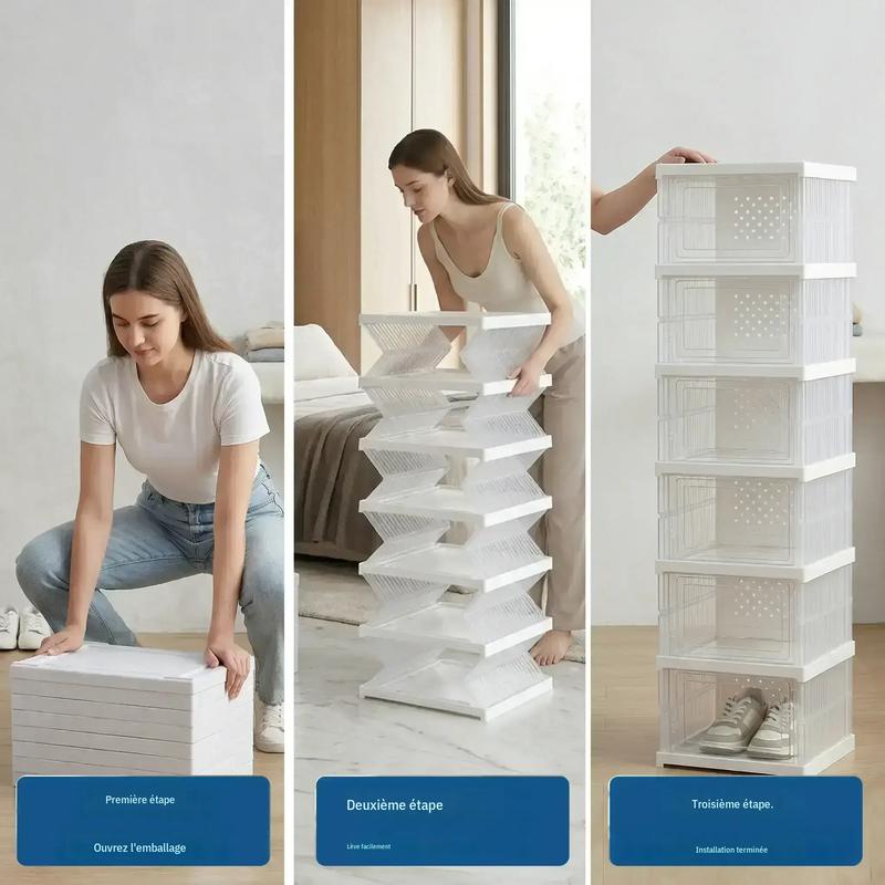 Meuble à chaussures gain de place pliable. Étagère en plastique organisatrice pour chaussures pour entrée, armoire et couloir. Boîtes à chaussures empilables avec porte. (x 6 compartiments) — vue 1