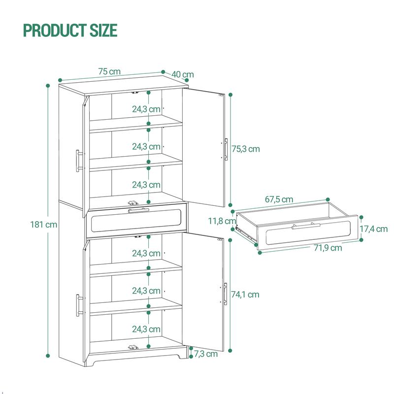 Meuble de cuisine Hzuaneri, armoire haute avec 4 portes, meuble latéral avec 1 grande tiroire, buffet, armoire pour salle à manger, étagères réglables, pour salle à manger, cuisine, salon — vignette 4
