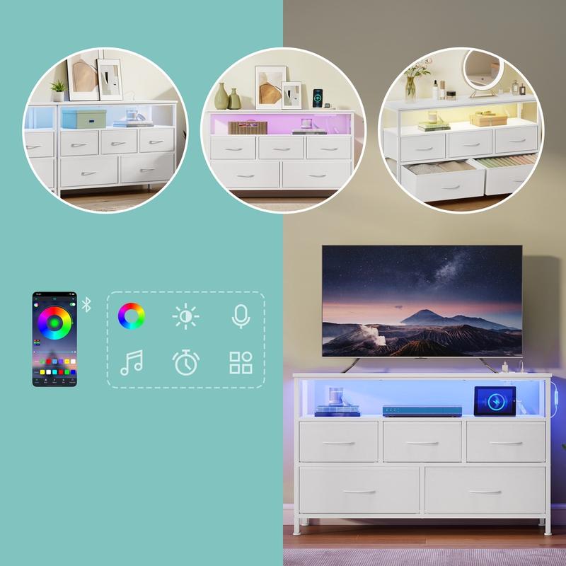 Meuble de rangement SONGMICS — doté d'un éclairage LED réglable et d'une prise électrique ; disponible en deux tailles (5 ou 7 tiroirs en tissu foncé) et coloris (blanc, noir ou marron) ; style moderne adapté aux chambres et aux salons. — vignette 4