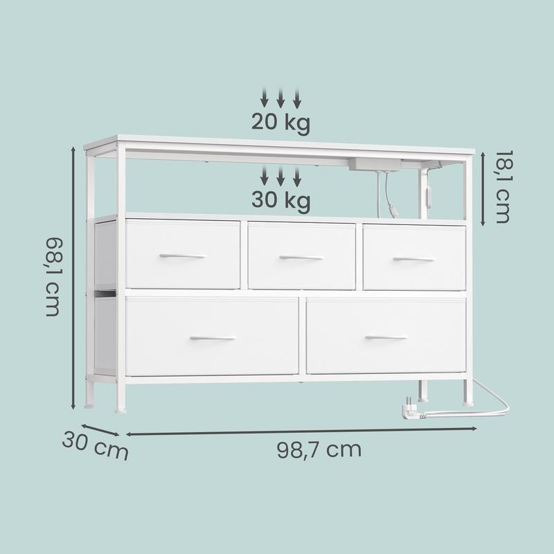 Meuble de rangement SONGMICS — doté d'un éclairage LED réglable et d'une prise électrique ; disponible en deux tailles (5 ou 7 tiroirs en tissu foncé) et coloris (blanc, noir ou marron) ; style moderne adapté aux chambres et aux salons. — vignette 7