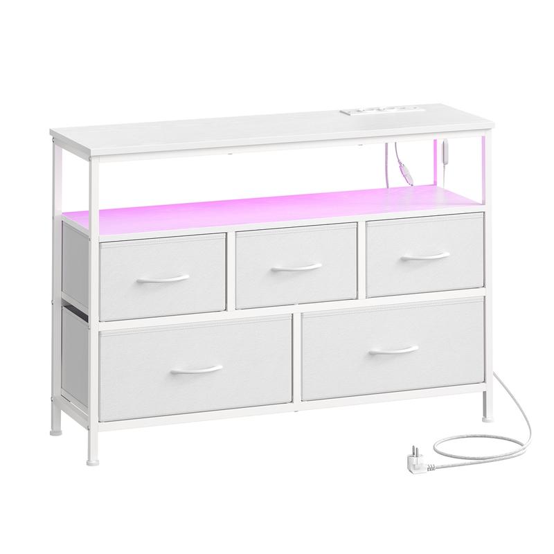 Meuble de rangement SONGMICS — doté d'un éclairage LED réglable et d'une prise électrique ; disponible en deux tailles (5 ou 7 tiroirs en tissu foncé) et coloris (blanc, noir ou marron) ; style moderne adapté aux chambres et aux salons. — vignette 8