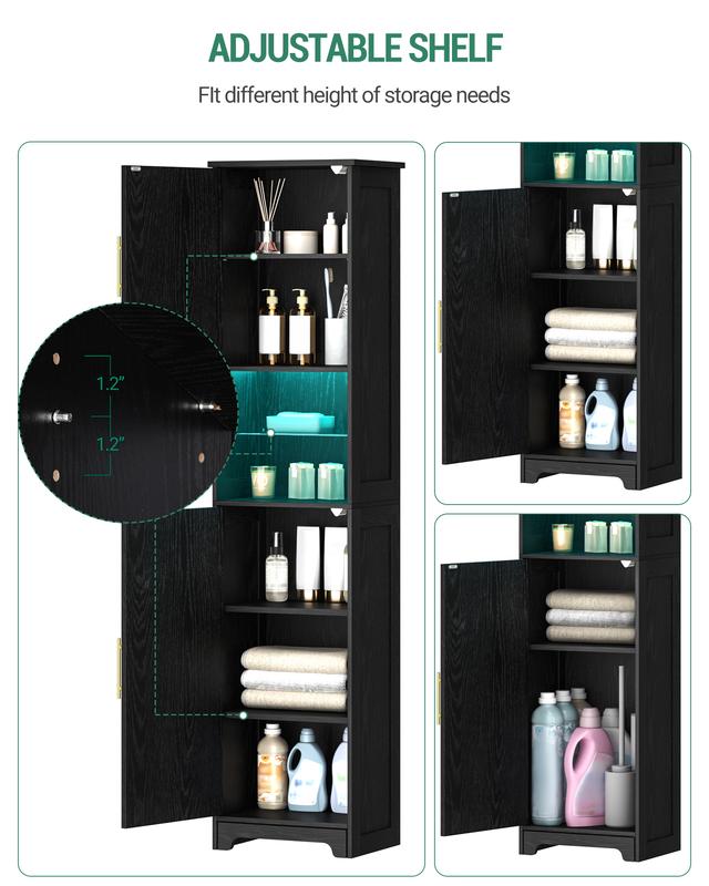 Meuble de salle de bains Hzuaneri avec éclairage LED, armoire de rangement avec deux portes, étagères réglables, meuble étroit et haut pour la salle de bains, le salon et le buanderie — vignette 2