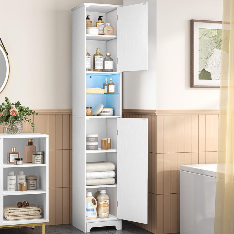 Meuble de salle de bains Hzuaneri avec éclairage LED, armoire de rangement avec deux portes, étagères réglables, meuble étroit et haut pour la salle de bains, le salon et le buanderie — vignette 6