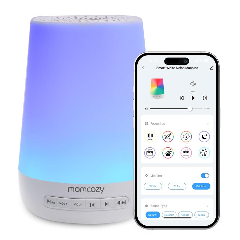 Momcozy Machine à Bruit Blanc,Sommeil à Bruit Blanc Portable pour Bébé Adulte,White Noise Machine avec 34 Sons,Bruit Blanc Bebe Thérapie,White Noise Machine Veilleuse 7 Couleurs,Contrôle APP,Timing