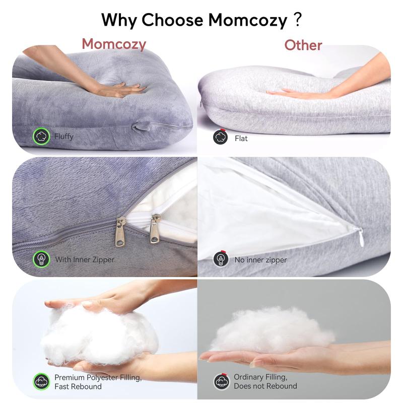 Momcozy - oreiller de grossesse pour dormir, oreiller de maternité complet en forme de U avec housse amovible - soutien pour le dos, les jambes, le ventre, les hanches pour femmes enceintes, oreiller de grossesse de 57 inch pour femmes, gris — vignette 4