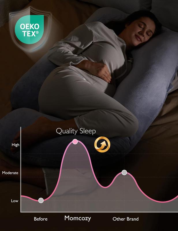 Momcozy - oreiller de grossesse pour dormir, oreiller de maternité complet en forme de U avec housse amovible - soutien pour le dos, les jambes, le ventre, les hanches pour femmes enceintes, oreiller de grossesse de 57 inch pour femmes, gris — vignette 6