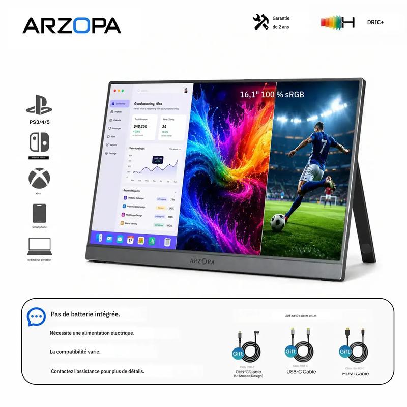 Moniteur portable ARZOPA, Z1C/Z1FC 100 % sRGB, FHD 1080p, avec support, large gamme de couleurs, écran IPS, préserve les yeux, pour le bureau et les loisirs, haut de gamme