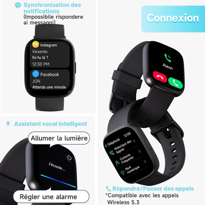 Montre connectée multifonction pour hommes / femmes, 1,83 inch, avec moniteur de pas / d'activité, podomètre, montre connectée pour répondre / passer des appels, Compatible Android iOS, idée cadeau pour lui / elle — vignette 2