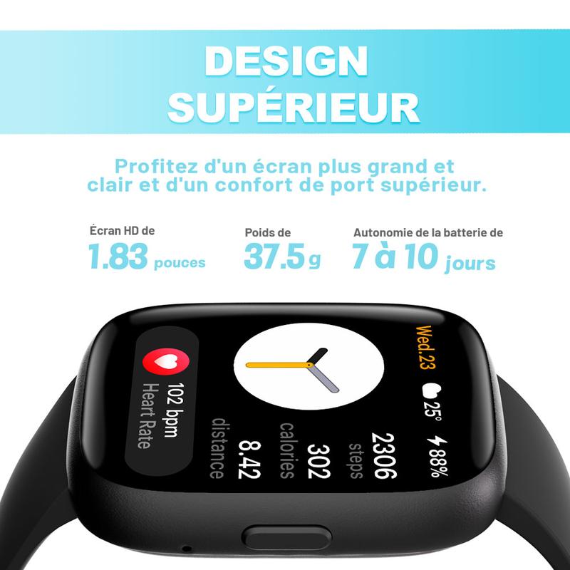 Montre connectée multifonction pour hommes / femmes, 1,83 inch, avec moniteur de pas / d'activité, podomètre, montre connectée pour répondre / passer des appels, Compatible Android iOS, idée cadeau pour lui / elle — vignette 3