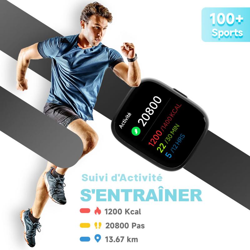Montre connectée multifonction pour hommes / femmes, 1,83 inch, avec moniteur de pas / d'activité, podomètre, montre connectée pour répondre / passer des appels, Compatible Android iOS, idée cadeau pour lui / elle — vignette 4