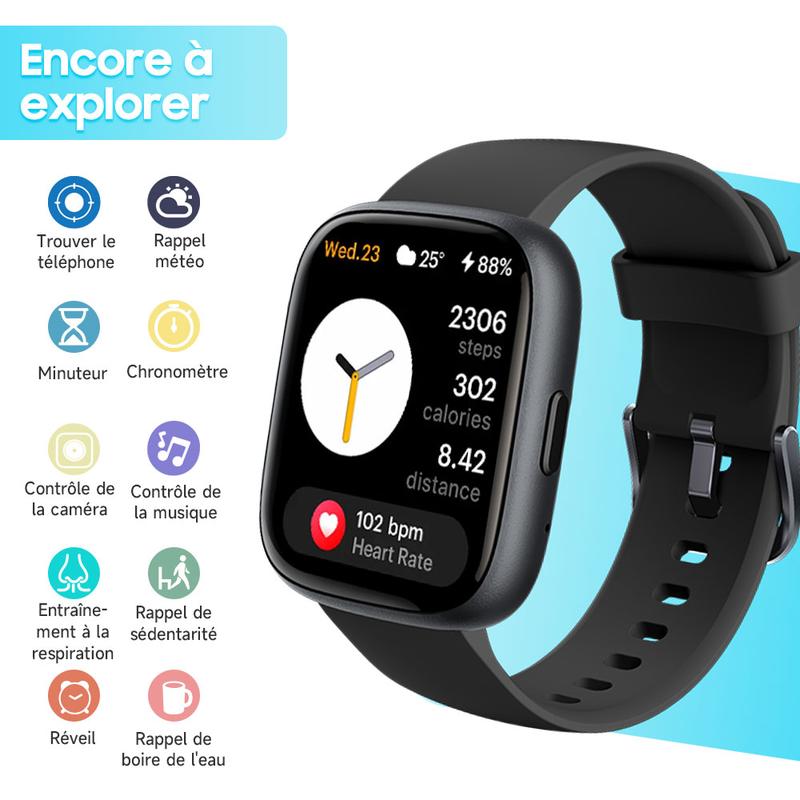 Montre connectée multifonction pour hommes / femmes, 1,83 inch, avec moniteur de pas / d'activité, podomètre, montre connectée pour répondre / passer des appels, Compatible Android iOS, idée cadeau pour lui / elle — vignette 7