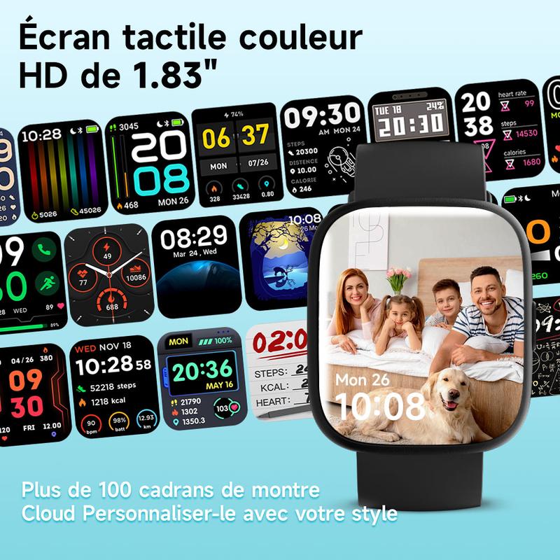 Montre connectée multifonction pour hommes / femmes, 1,83 inch, avec moniteur de pas / d'activité, podomètre, montre connectée pour répondre / passer des appels, Compatible Android iOS, idée cadeau pour lui / elle — vignette 9