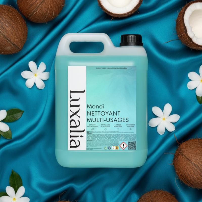 Nettoyant Sol & Multi-Usages Monoï (Non Compatible Aspirateur Laveur / Uniquement pour Serpillère) - Hautement Parfumé & Ultra Efficace - Parfait pour un sol éclatant - 5 Litres - LUXALIA