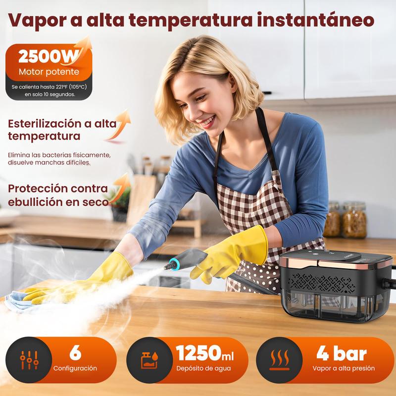 Nettoyeur vapeur Vaporeta pour le nettoyage à domicile, puissant, manuel, 2500 W, portable, avec 6 vitesses et 3 types de brosses pour meubles de cuisine et salles de bains, haute température de 229 °F — vignette 2