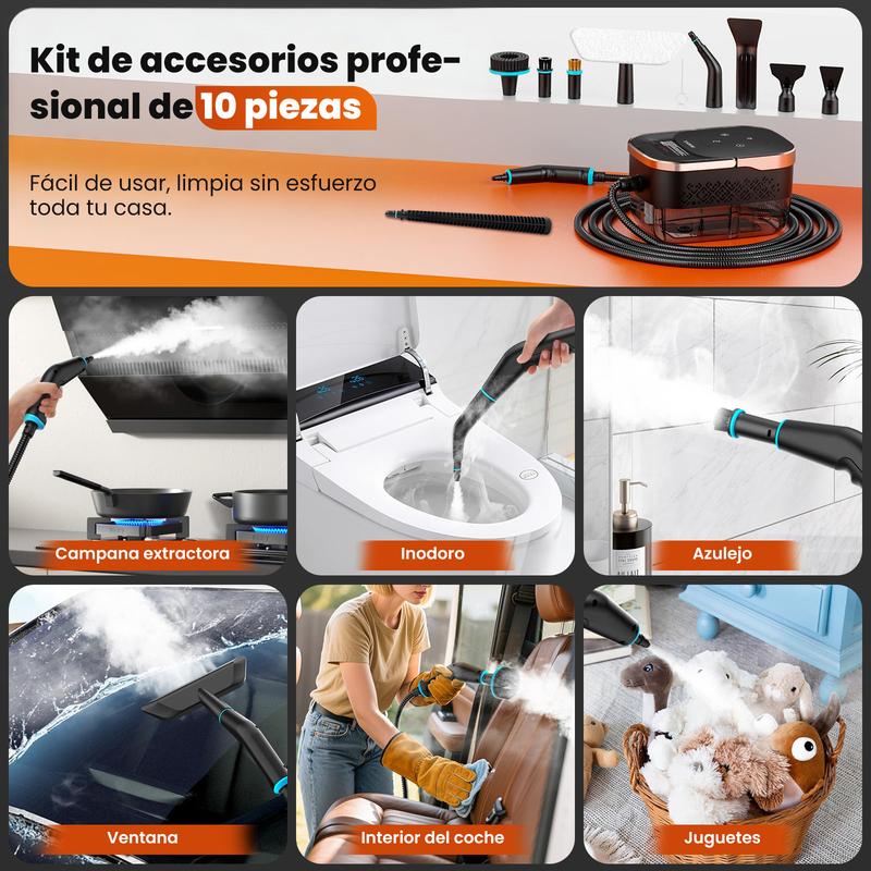 Nettoyeur vapeur Vaporeta pour le nettoyage à domicile, puissant, manuel, 2500 W, portable, avec 6 vitesses et 3 types de brosses pour meubles de cuisine et salles de bains, haute température de 229 °F — vignette 6
