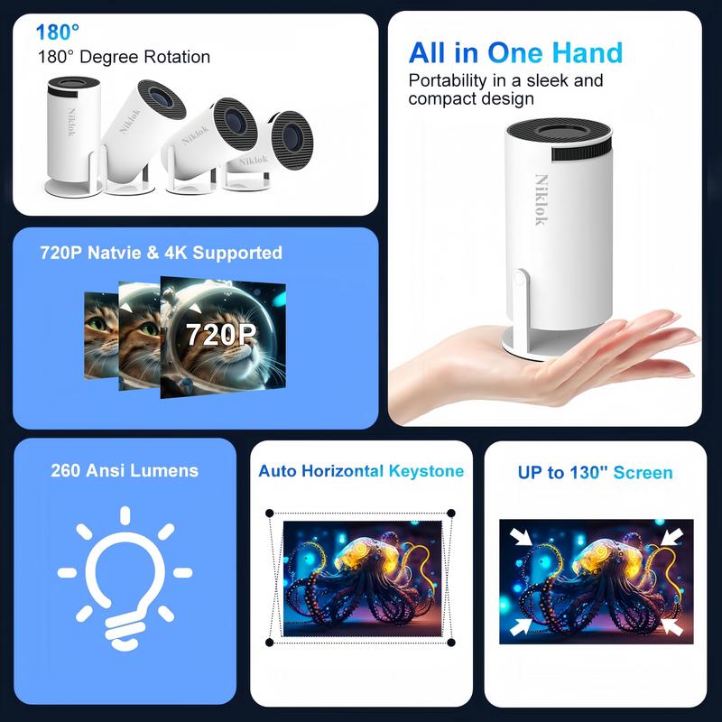 Niklok Projecteur Portable Freestyle avec WiFi 6 & Bluetooth 5.0, 4K 1080P, Support Rotatif 180°, Contrôle à Distance, Idéal pour Home Cinéma Intérieur/Extérieur videoprojecteur — vignette 3