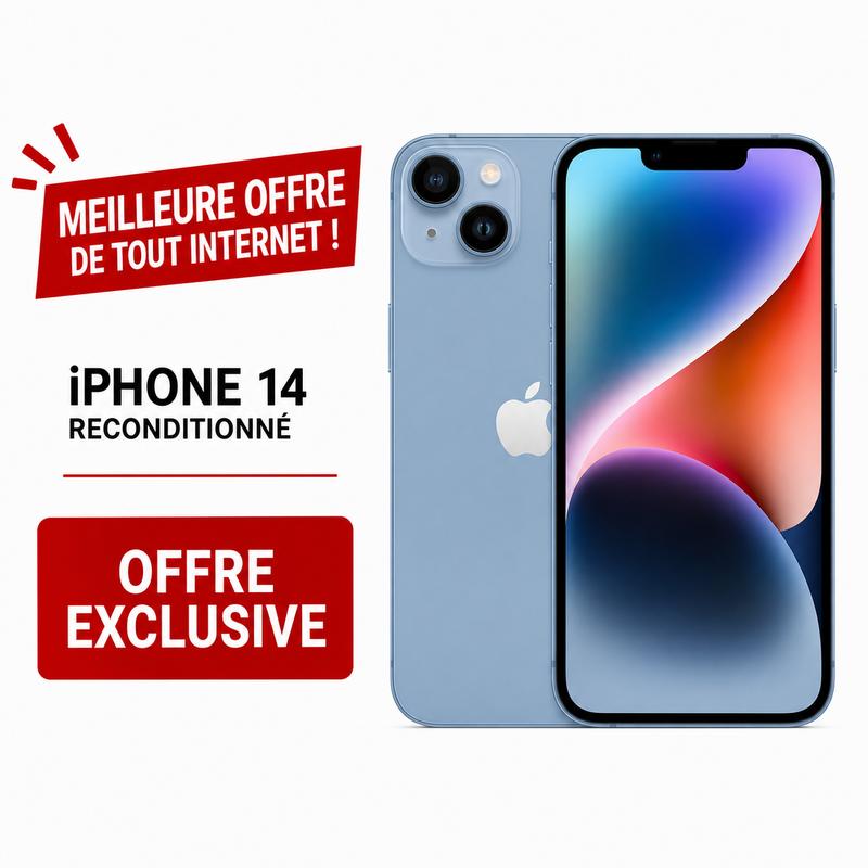 Occasion Apple iPhone 14 128 Go Reconditionné Grade AB – SIM physique Déverrouillé – Etat Batterie +80 % – Écran Super Retina 6,1" – Câble Inclus