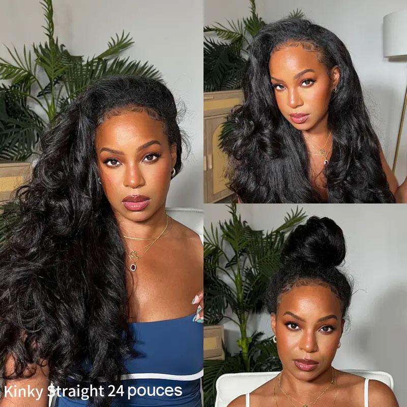 OQ HAIR Demi-Perruque Wear & Go Kinky Straight, Ligne Frontale Invisible, Flip Over Wig Sans Colle, Cheveux Humains, Facile pour Débutantes #BackToSchoolshopping — vignette 3