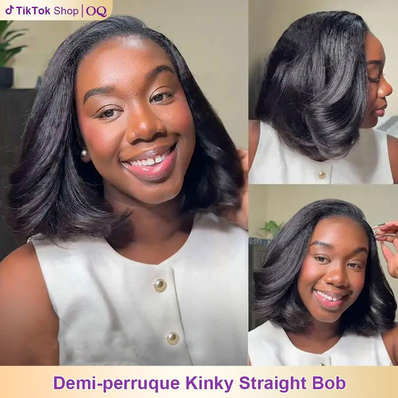 OQ HAIR Perruque Half Wig Bob Kinky Straight Sans Colle Ligne Frontale Invisible 180% Wear Go Flip Over Wig Cheveux Humains Idéale pour Débutantes #BackToSchoolshopping