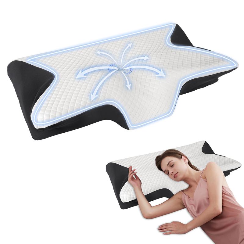 Oreiller à mémoire de forme ergonomique orthopédique papillon, soutien cervical pour dormeurs sur le dos, sur le côté et ventre, mousse à mémoire sans odeur, taie lavable en machine, soulage douleurs nuque épaules tête