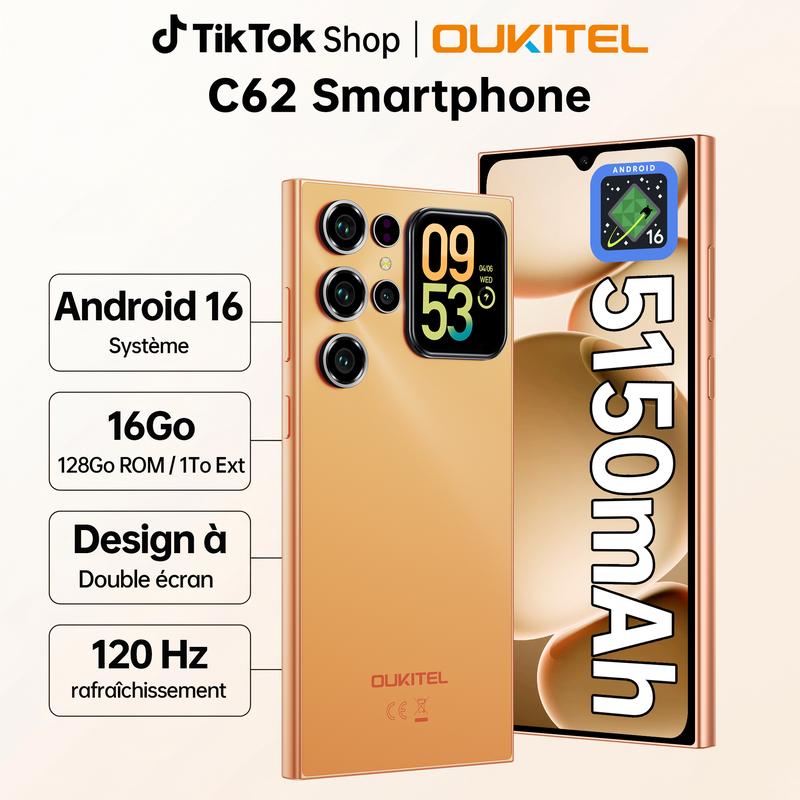 OUKITEL C62 téléphone portable, écran arrière intelligent de 1,81", 16 (4+12) Go + 128 Go/1 To, smartphone Android 16 à huit cœurs, 6,88" HD+ 120 Hz, batterie de 5150 mAh, 13 MP + 5 MP, double SIM 4G/GPS/empreinte digitale.