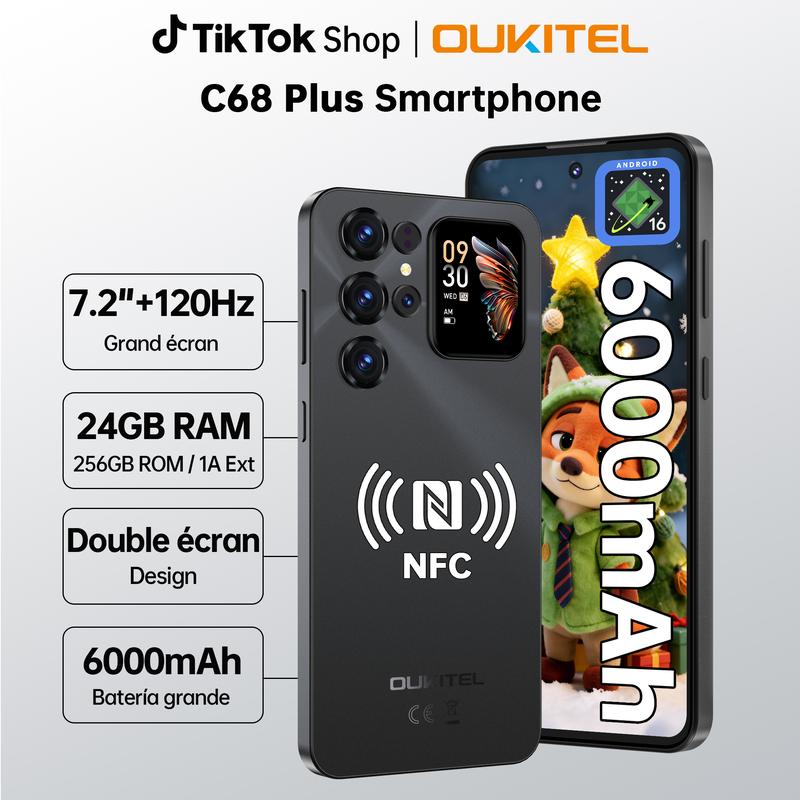 OUKITEL C68 Plus Telephone Portable - 24GO RAM+256GO ROM/TF 1TO 7.2"HD + Arrière Écran Smartphone 64MP+8MP 6000mAh Android 16 Téléphone portable Empreinte digitale/Face ID/Dual SIM/NFC/OTG/GPS