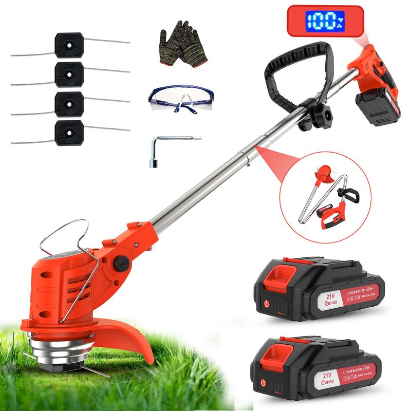 OUTIGO tondeuse à pelouse sans fil avec 2 batteries de 21 V, coupe-bordure sans fil avec fil en nylon, pliable, tondeuse de jardin légère pour l’entretien de la pelouse et des bordures